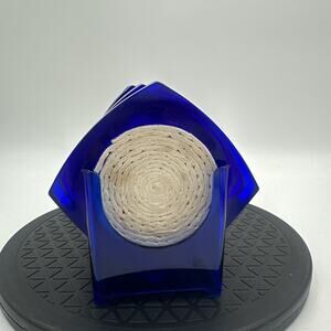 Vtg MCM Royal Blue Lucite Acrylic Coaster Set Rattan Swirl Set 8 W/Stand